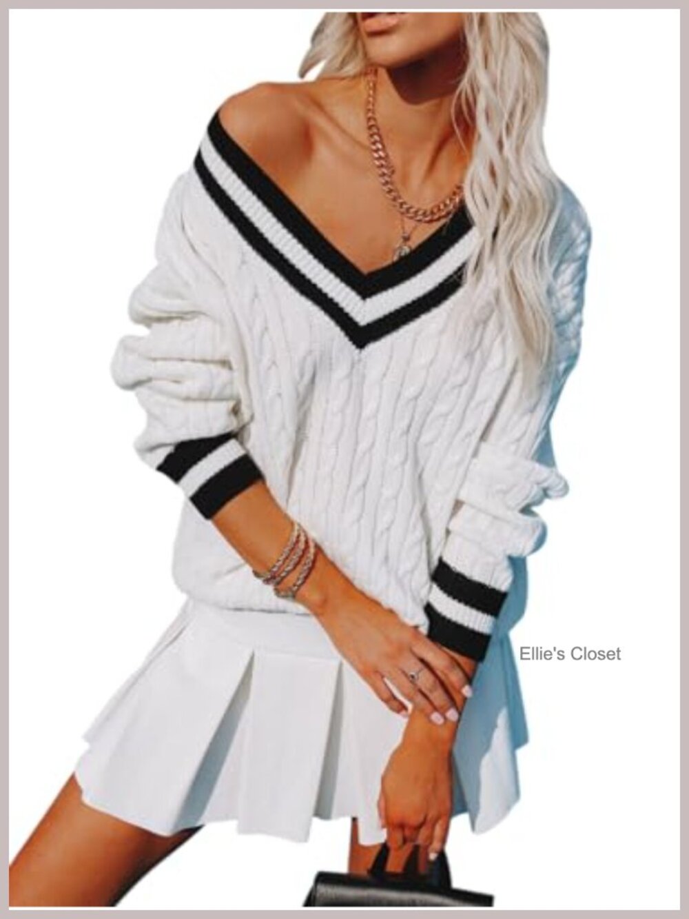 Women's V Neck Oversized Chunky Cable Knit Pullover Sweater Striped Long Sleeve